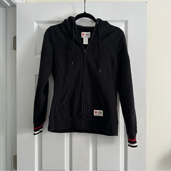 Size XS Vintage HBC Hudson Bay Olympic Black Polka Dot Hoodie Sweatshirt - Picture 1 of 6